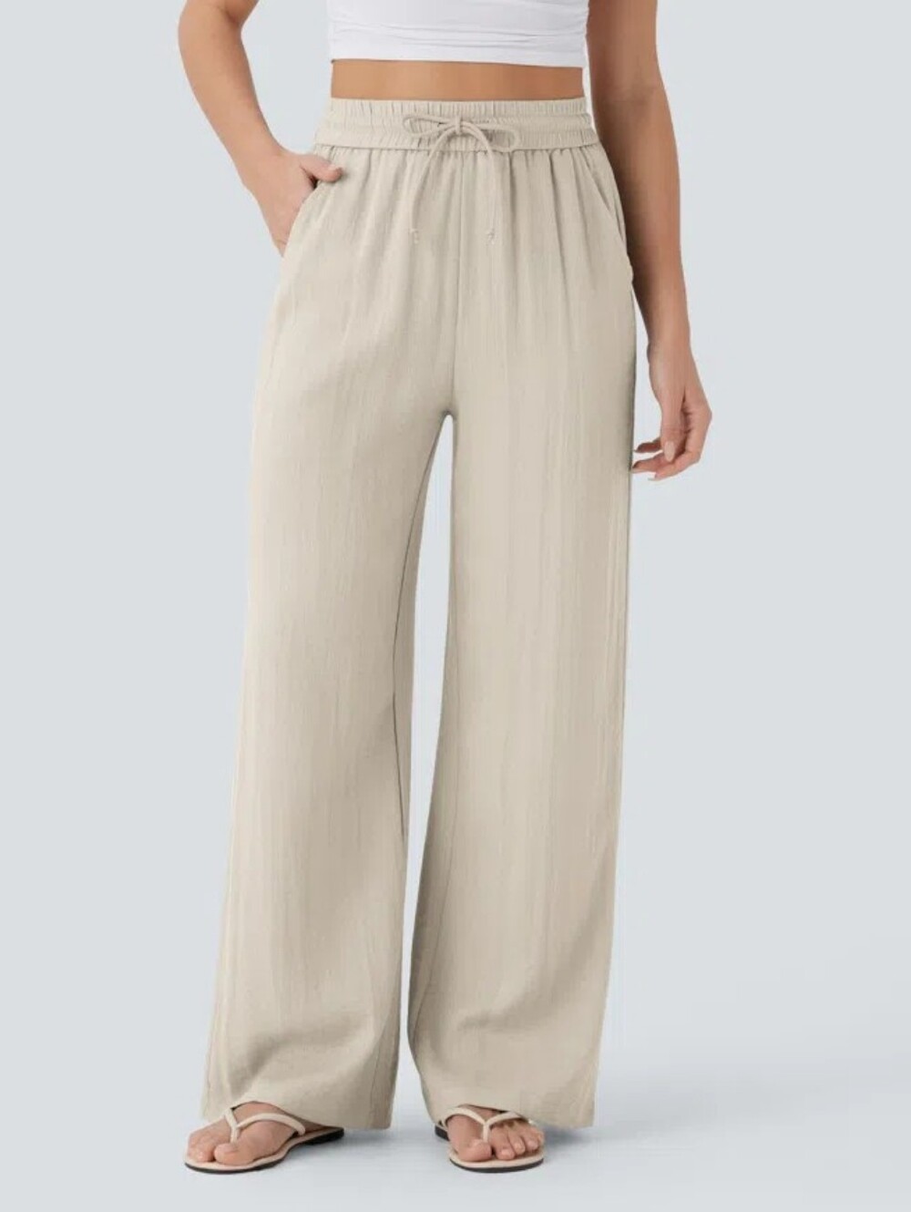 Halara Drawstring Wide-Leg Pants in Beige